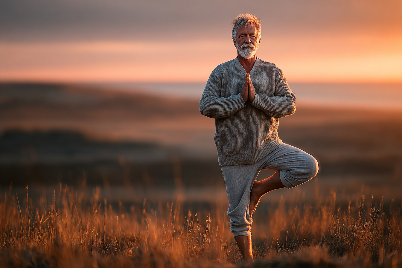 Група людей старшого віку займається йогою на природі