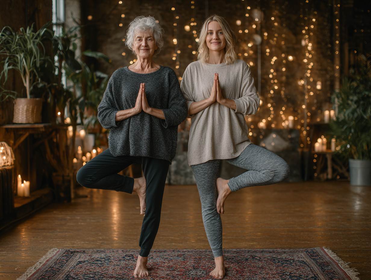 Жінка середнього віку медитує у спокійному оточенні